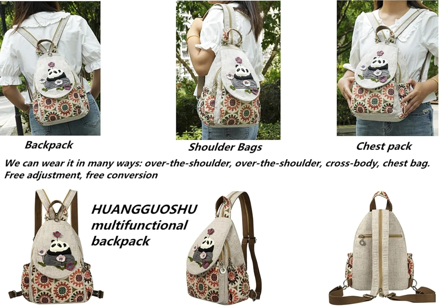 HUANGGUOSHU Bohemian Cotton and Linen Handwoven Backpack Cute Versatile for Women, Girls, and College Students Ideal Gift for Mother's Day, Birthdays, and Bat Mitzvahs-Panda