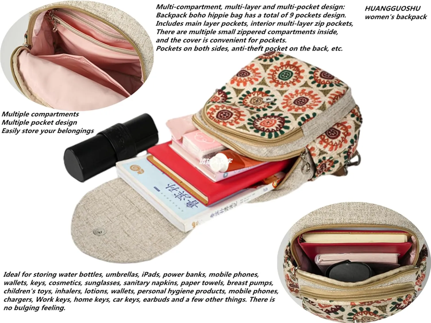 HUANGGUOSHU Bohemian Cotton and Linen Handwoven Backpack Cute Versatile for Women, Girls, and College Students Ideal Gift for Mother's Day, Birthdays, and Bat Mitzvahs-Panda