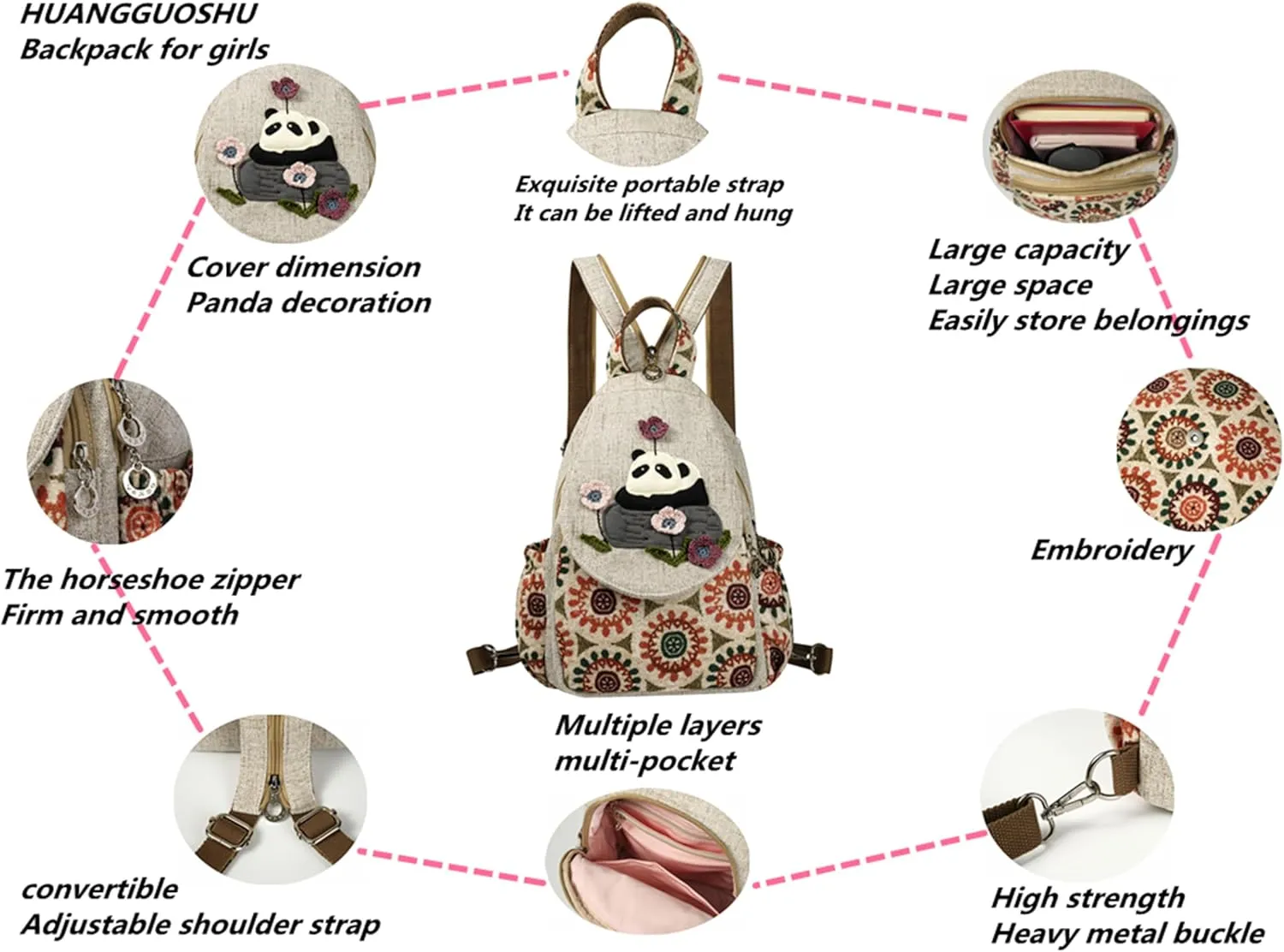 HUANGGUOSHU Bohemian Cotton and Linen Handwoven Backpack Cute Versatile for Women, Girls, and College Students Ideal Gift for Mother's Day, Birthdays, and Bat Mitzvahs-Panda