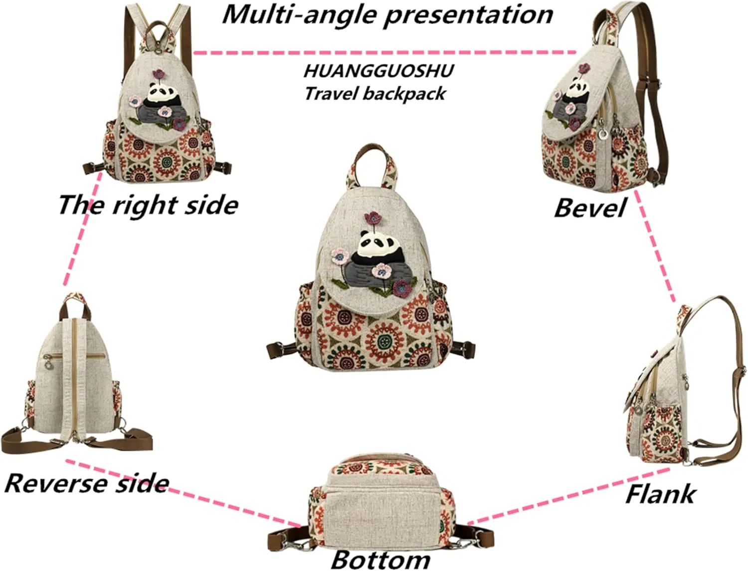HUANGGUOSHU Bohemian Cotton and Linen Handwoven Backpack Cute Versatile for Women, Girls, and College Students Ideal Gift for Mother's Day, Birthdays, and Bat Mitzvahs-Panda