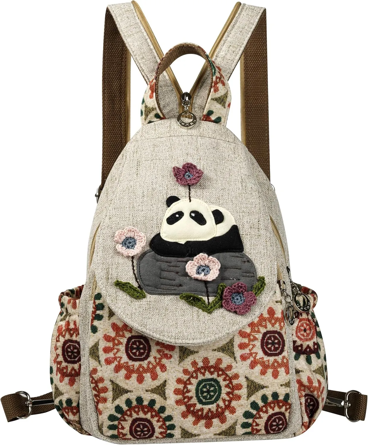 HUANGGUOSHU Bohemian Cotton and Linen Handwoven Backpack Cute Versatile for Women, Girls, and College Students Ideal Gift for Mother's Day, Birthdays, and Bat Mitzvahs-Panda
