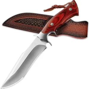 Hunting Knife - 5.3" Full Tang Survival Fixed Blade Knife,Red Wood Non-Slip Handle & Leather Sheath,Outdoor Fixed Blade Knives with Sheath for Camping, Hiking, Wilderness Survival