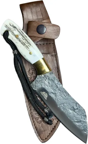 Hunting Knife 9" Bushcraft Gear High Carbon Steel Buck Handle Leather Sheath Hand Forged