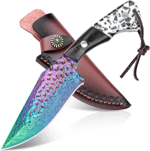 Hunting Knife with Leather Sheath,4.2"Fixed Blade Knife with Rainbow Titanium Coating,Damascus Pattern Full Tang Camping Knives-Two Color Wood Handle,German High Carbon Steel EDC Outdoor Hiking Knives