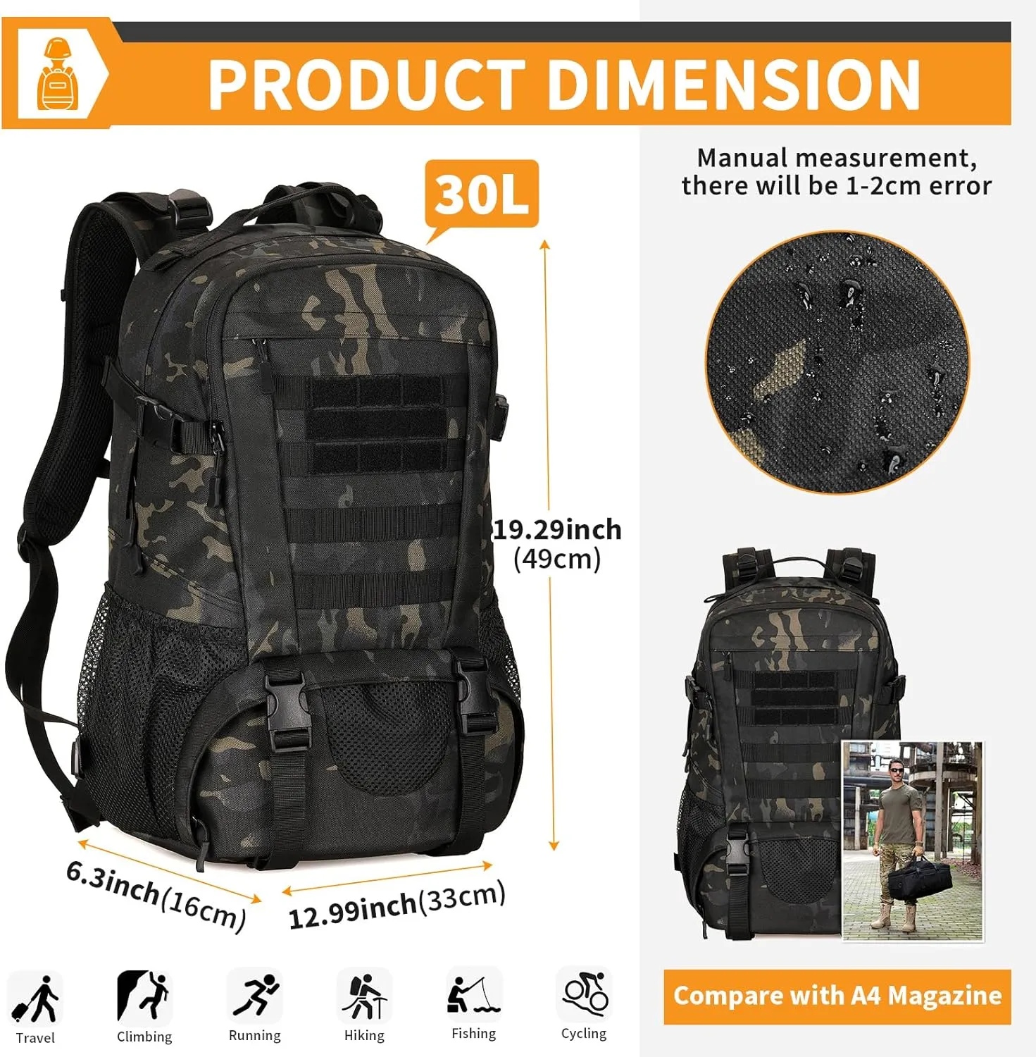 HUNTVP Military Tactical Backpack MOLLE Backpack Rucksack Gear Assault Pack Daypack for Hunting Camping Hiking Backpack 30L (Black Camo)