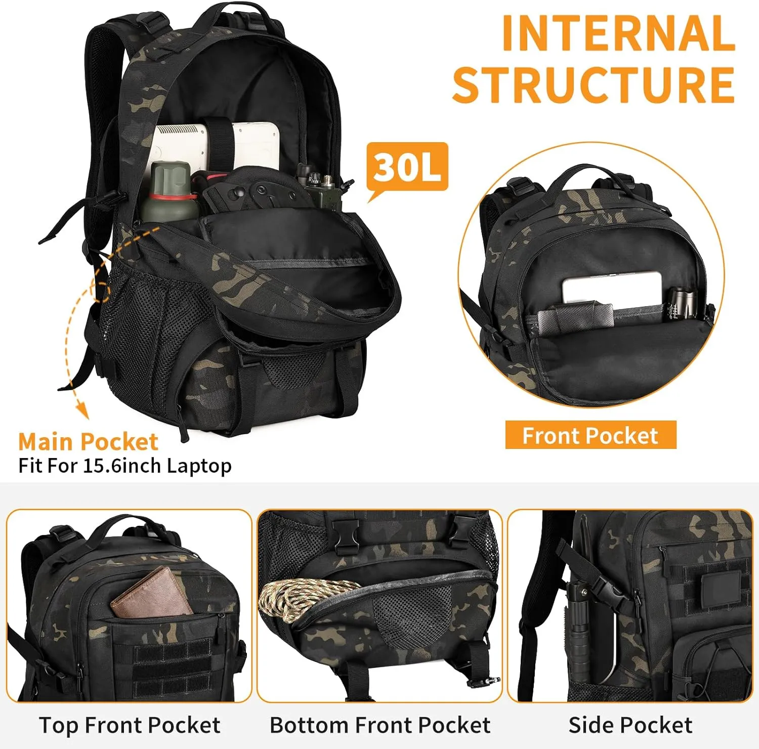 HUNTVP Military Tactical Backpack MOLLE Backpack Rucksack Gear Assault Pack Daypack for Hunting Camping Hiking Backpack 30L (Black Camo)