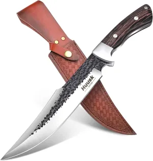 Huusk Fixed Blade Bowie Knife - 8" Hunting Knife with Sheath, Full Tang Survival Knives with Ergonomic Wood Handle, Outdoor Bushcraft Knives for Camping Hiking Fishing BBQ, Father's Day Gifts Box
