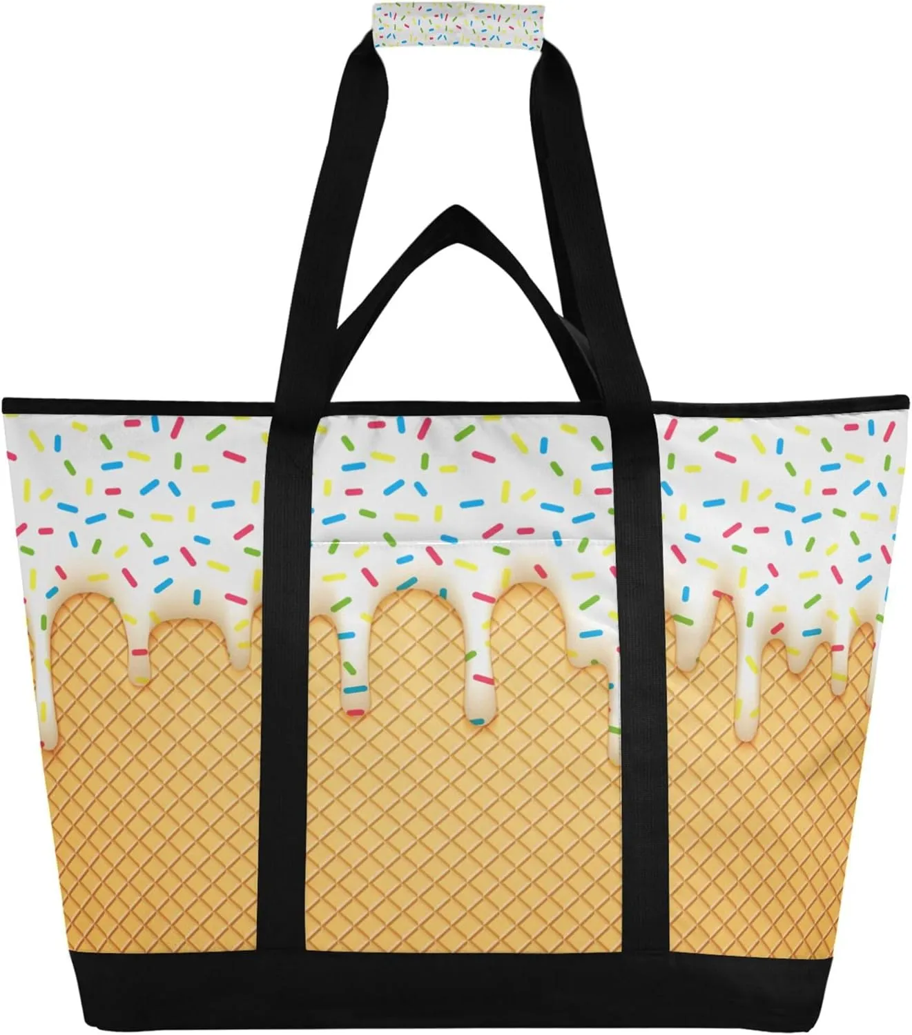 Ice Cream Cone Reusable Insulated Cooler Bag with Ice Pack Compartment - Large 47L Waterproof Thermal Grocery Tote for Picnic Beach Camping Lunch Storage