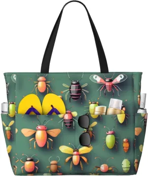 Insect Atlas Large Capacity Beach Travel Bag, Foldable Beach Bag with Zipper, Great for Grocery Bag Pool Gym Travel Shopping