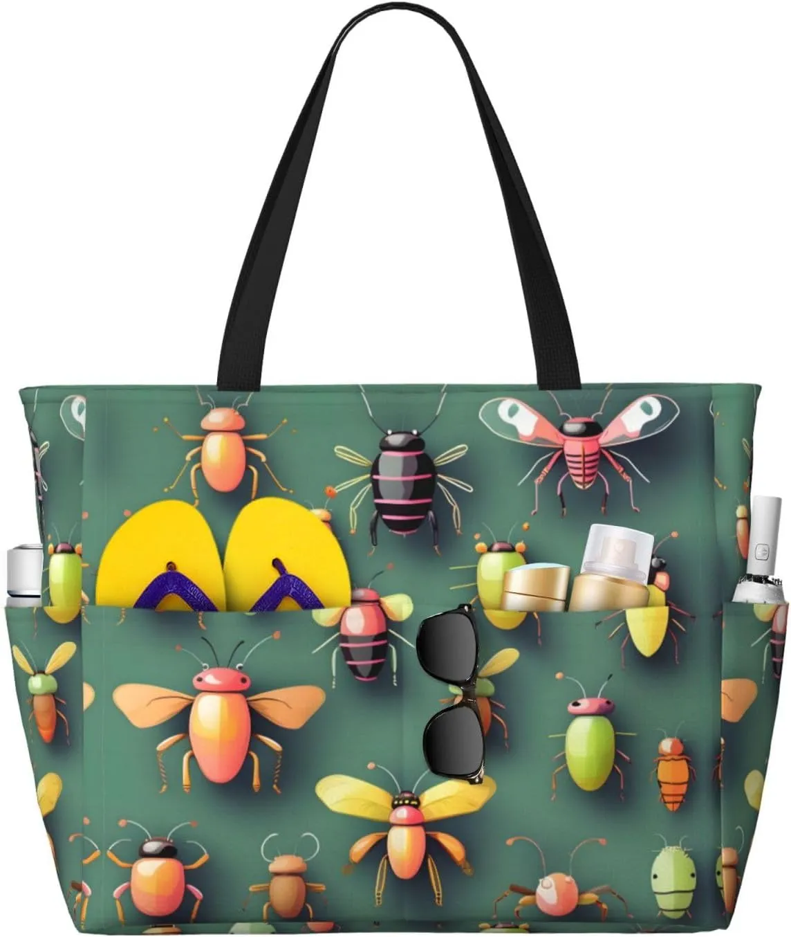 Insect Atlas Large Capacity Beach Travel Bag, Foldable Beach Bag with Zipper, Great for Grocery Bag Pool Gym Travel Shopping