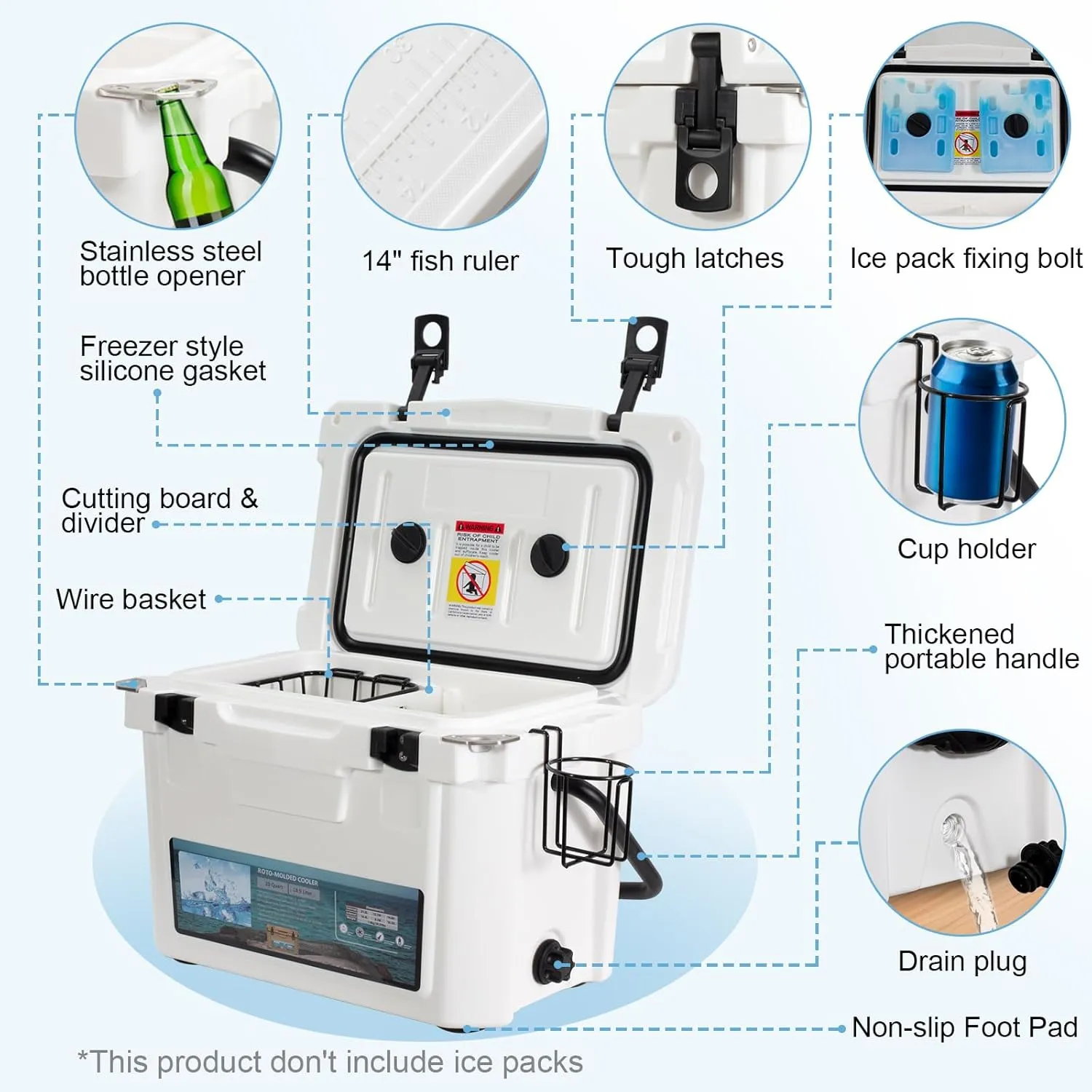Insulated Portable Cooler with Heavy Duty Handles, Leak-Proof Outdoor Hard Cooler for Beach, Fishing, Camping, Tailgating, Sports