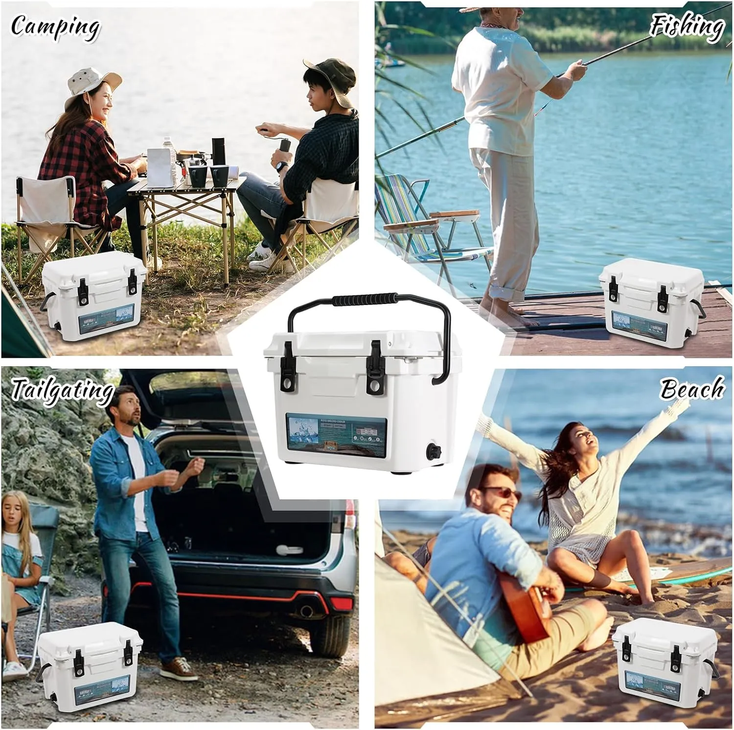 Insulated Portable Cooler with Heavy Duty Handles, Leak-Proof Outdoor Hard Cooler for Beach, Fishing, Camping, Tailgating, Sports