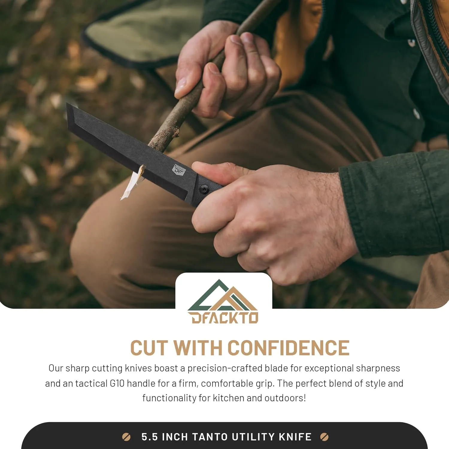 Interceptor Tanto 5.5 Inch Utility Knife – High Carbon Stainless Steel Full Tang Blade for Kitchen, Cooking, Camping & Outdoor Use – Slim Tactical Design w/ G10 Handle – Black
