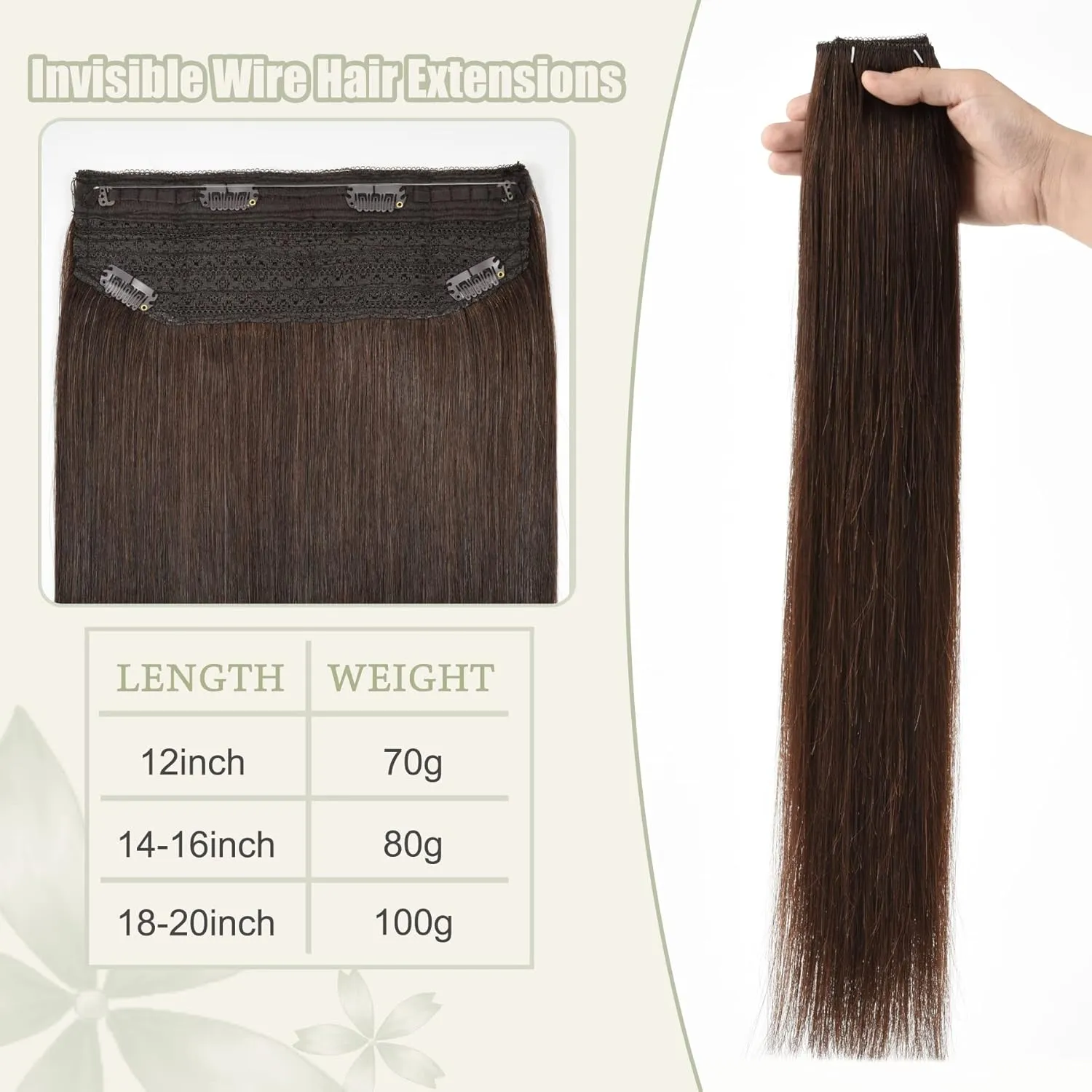 Invisible Wire Hair Extensions with Transparent Headband 16inch Adjustable Size Wire Hair Extensions Dark Brown with 4 Removeable Secure Clips 80g Secret Hairpiece For Black Women (16 Inch-80g,#2)