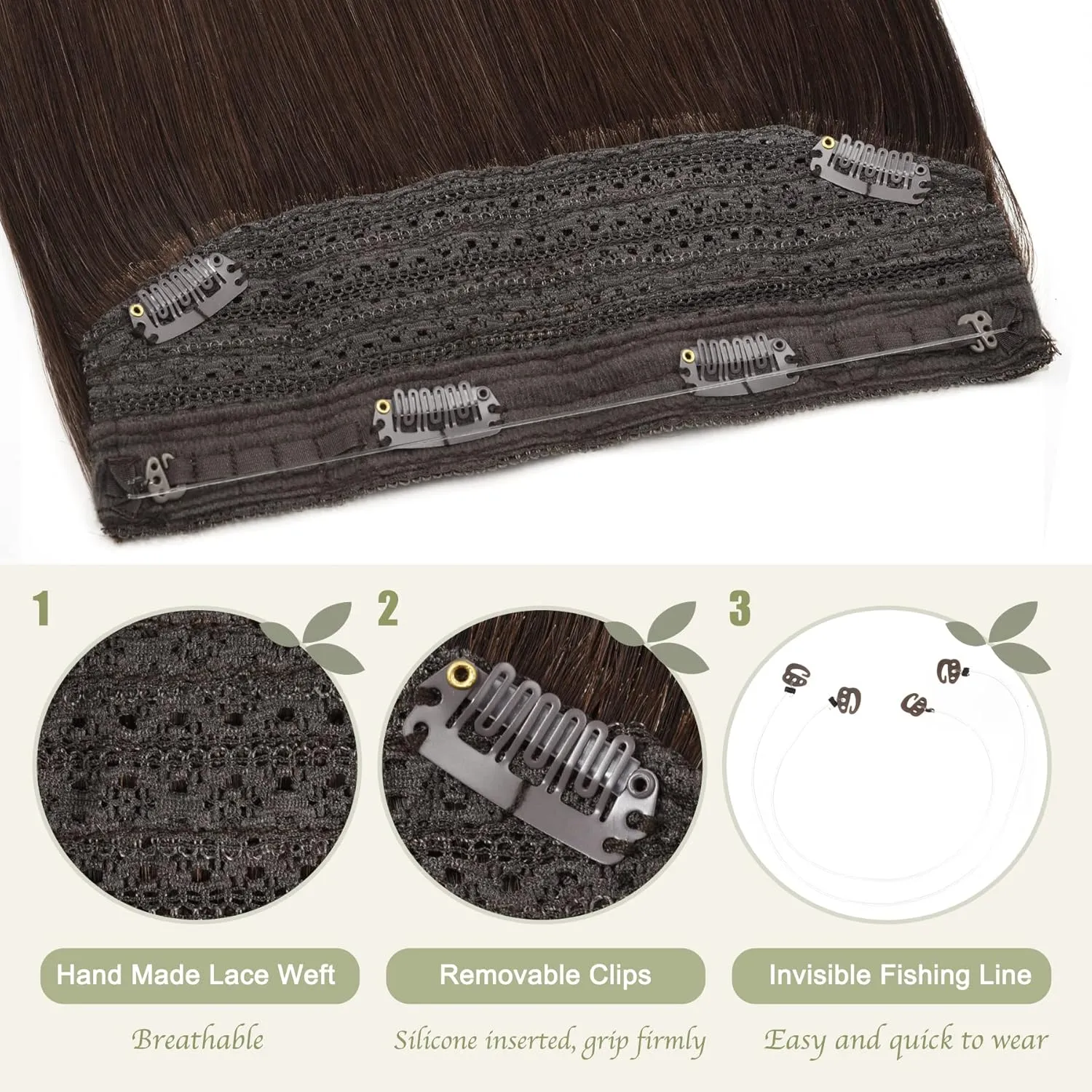 Invisible Wire Hair Extensions with Transparent Headband 16inch Adjustable Size Wire Hair Extensions Dark Brown with 4 Removeable Secure Clips 80g Secret Hairpiece For Black Women (16 Inch-80g,#2)