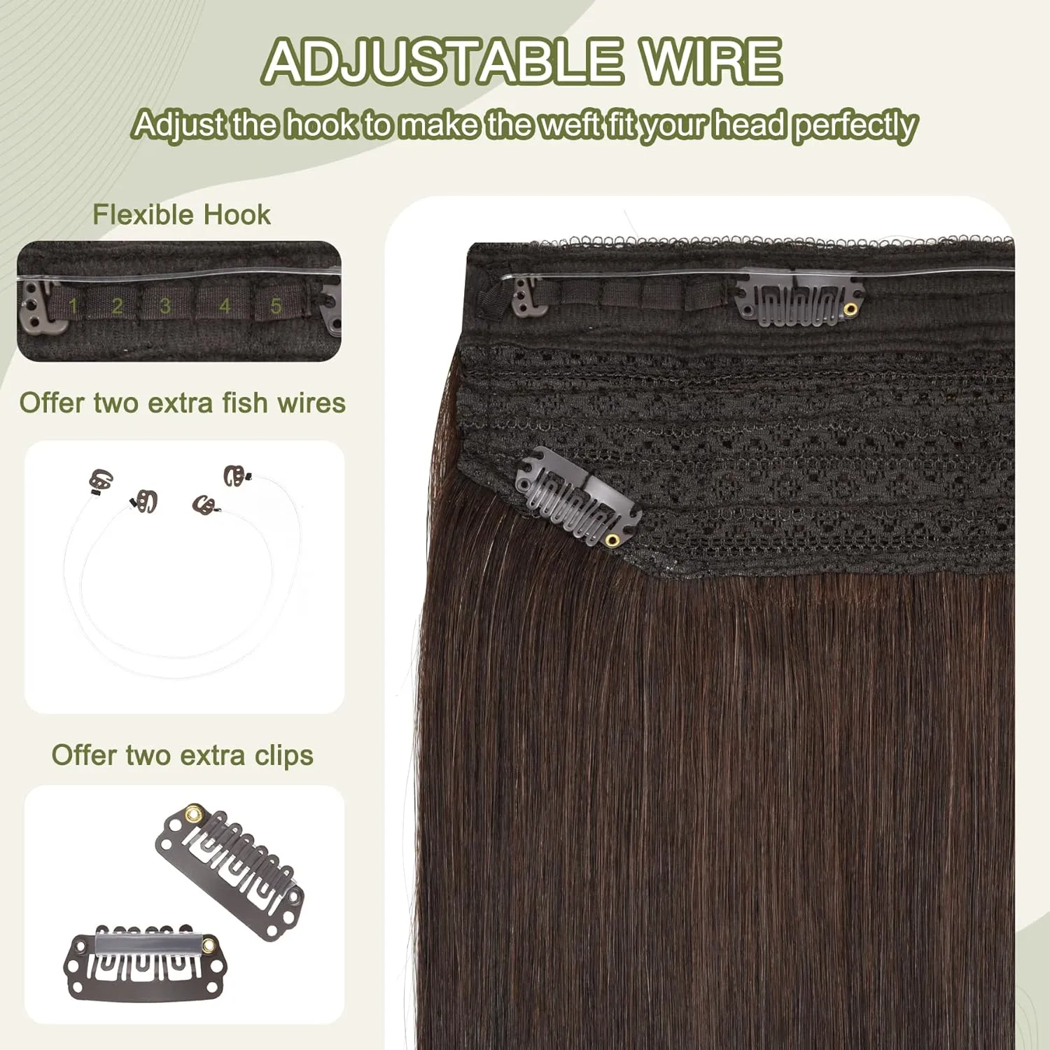Invisible Wire Hair Extensions with Transparent Headband 16inch Adjustable Size Wire Hair Extensions Dark Brown with 4 Removeable Secure Clips 80g Secret Hairpiece For Black Women (16 Inch-80g,#2)