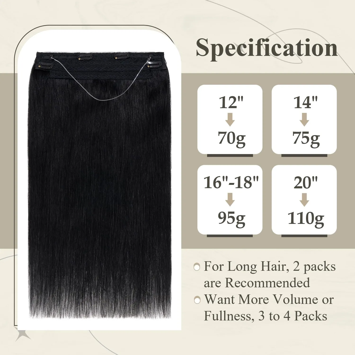 Invisible Wire Halo Hair Extensions - Real Human Hair, 12 Inch, Jet Black, Hidden Wire, Adjustable Fish Line, 70g
