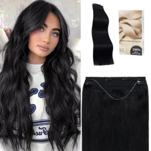 Invisible Wire Halo Hair Extensions - Real Human Hair, 12 Inch, Jet Black, Hidden Wire, Adjustable Fish Line, 70g
