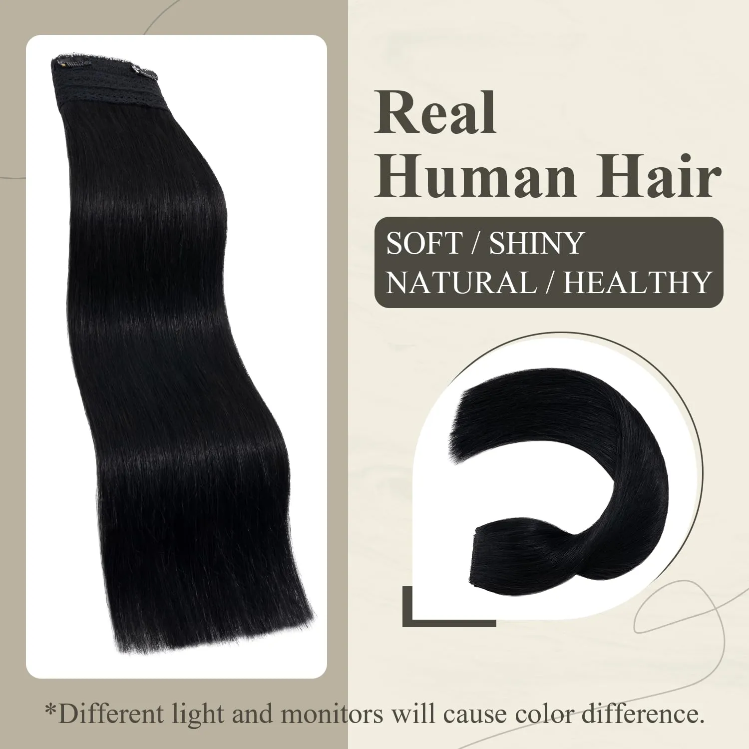 Invisible Wire Halo Hair Extensions - Real Human Hair, 12 Inch, Jet Black, Hidden Wire, Adjustable Fish Line, 70g