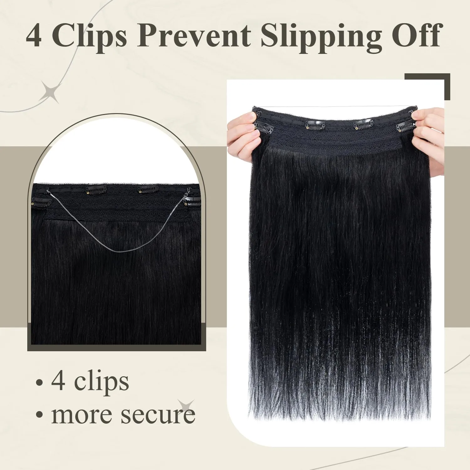 Invisible Wire Halo Hair Extensions - Real Human Hair, 12 Inch, Jet Black, Hidden Wire, Adjustable Fish Line, 70g