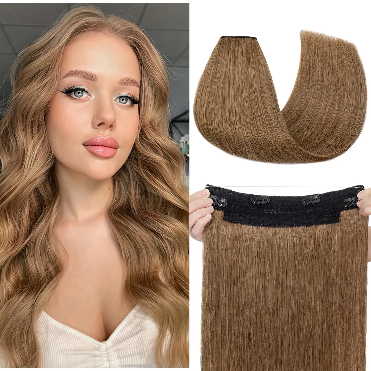 Invisible Wire Halo Hair Extensions - Real Human Hair, 14 Inch Light Brown, Adjustable Fish Line, 75g, #06 Light Brown