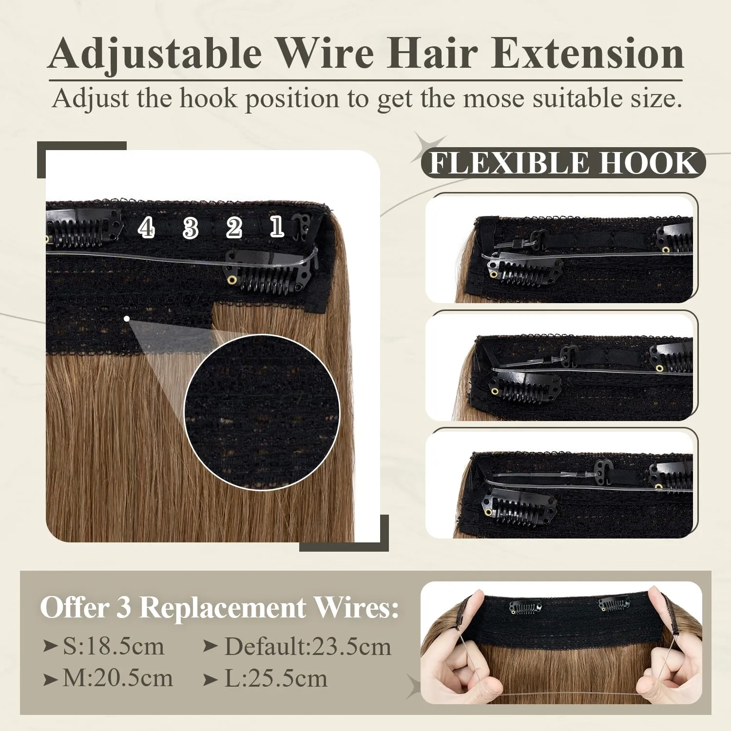 Invisible Wire Halo Hair Extensions - Real Human Hair, 14 Inch Light Brown, Adjustable Fish Line, 75g, #06 Light Brown