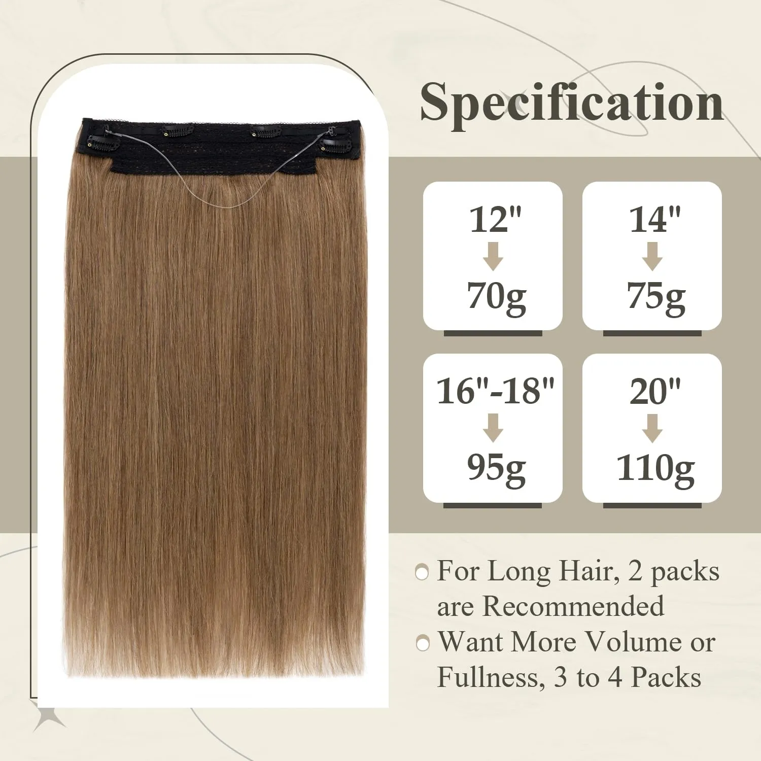 Invisible Wire Halo Hair Extensions - Real Human Hair, 14 Inch Light Brown, Adjustable Fish Line, 75g, #06 Light Brown