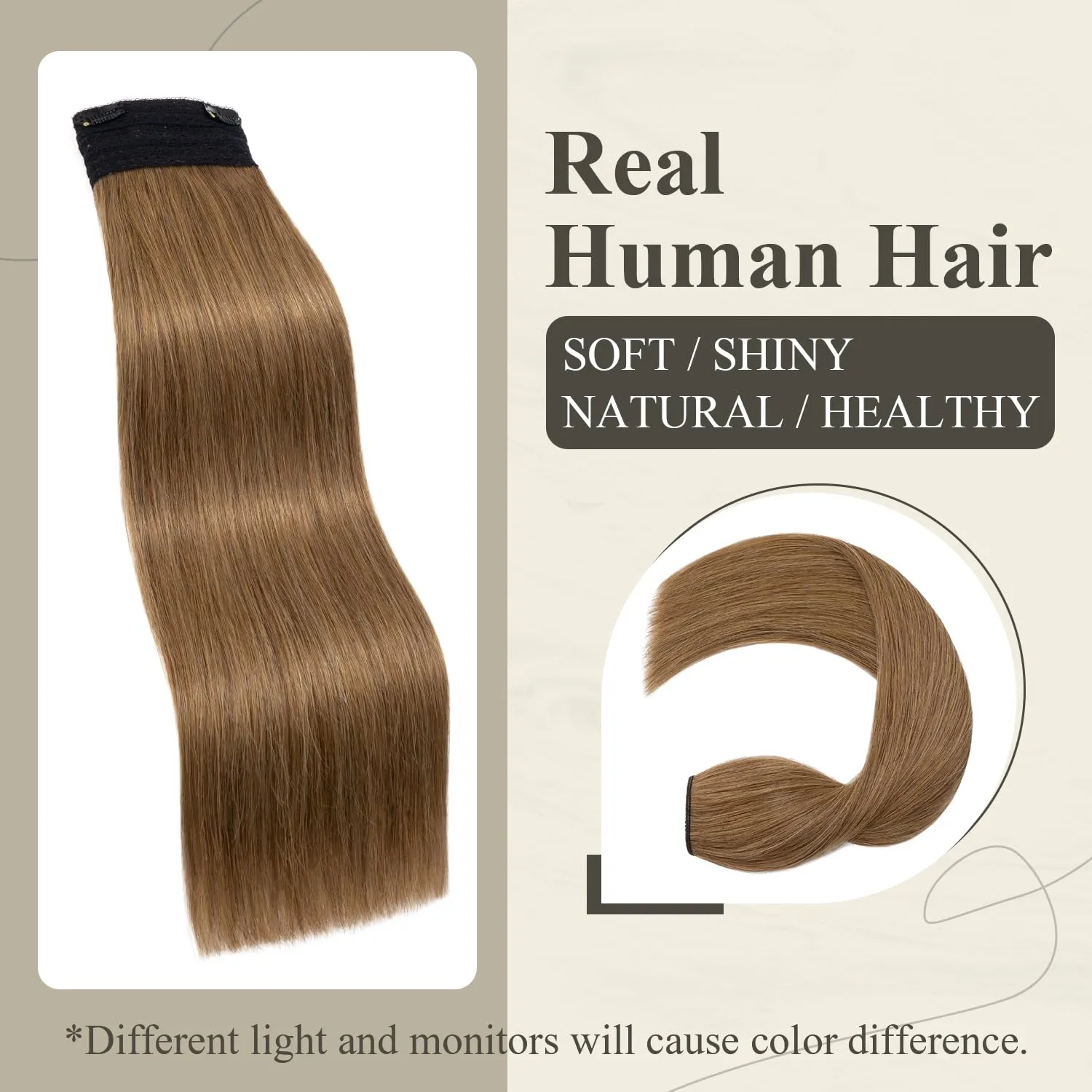 Invisible Wire Halo Hair Extensions - Real Human Hair, 14 Inch Light Brown, Adjustable Fish Line, 75g, #06 Light Brown