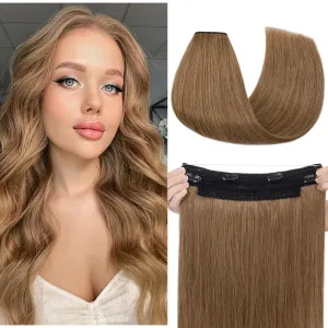 Invisible Wire Halo Hair Extensions - Real Human Hair, 14 Inch Light Brown, Adjustable Fish Line, 75g, #06 Light Brown