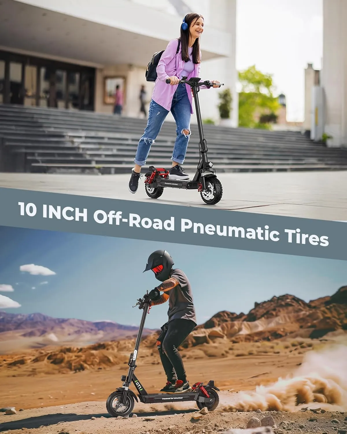 isinwheel GT1/GT2 Electric Scooter Adults, 28 MPH Top Speed, 28/37Miles Range,800/1000W Motor E-Scooter,10"/11" Off-Road Tires,Foldable Scooter for Adults with Dual Suspension & Turn Signal