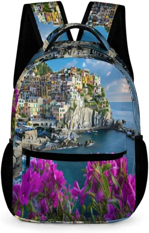Italy Manarola's Coastline Printed Travel Backpack Lightweight Daypack Shoulder Bag for Men Women Travel Camping