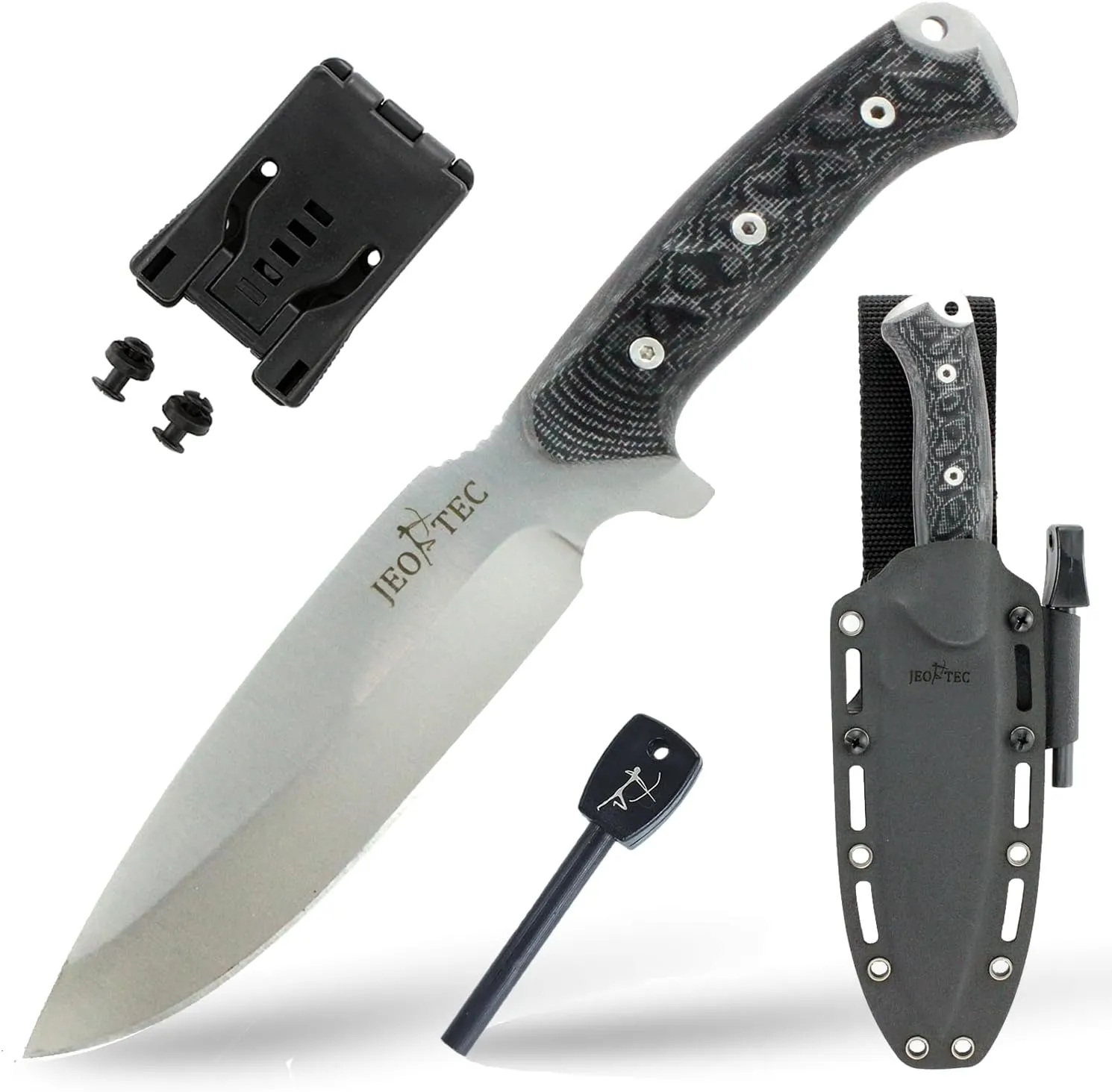 JEO-TEC Nº15 Bushcraft Survival Full Tang Fixed Blade Outdoor Camping Hunting Knife with Kydex Sheath Horizontal Vertical Carry | BÖHLER N690C Steel Fire Starter Scraper | Gift For Him