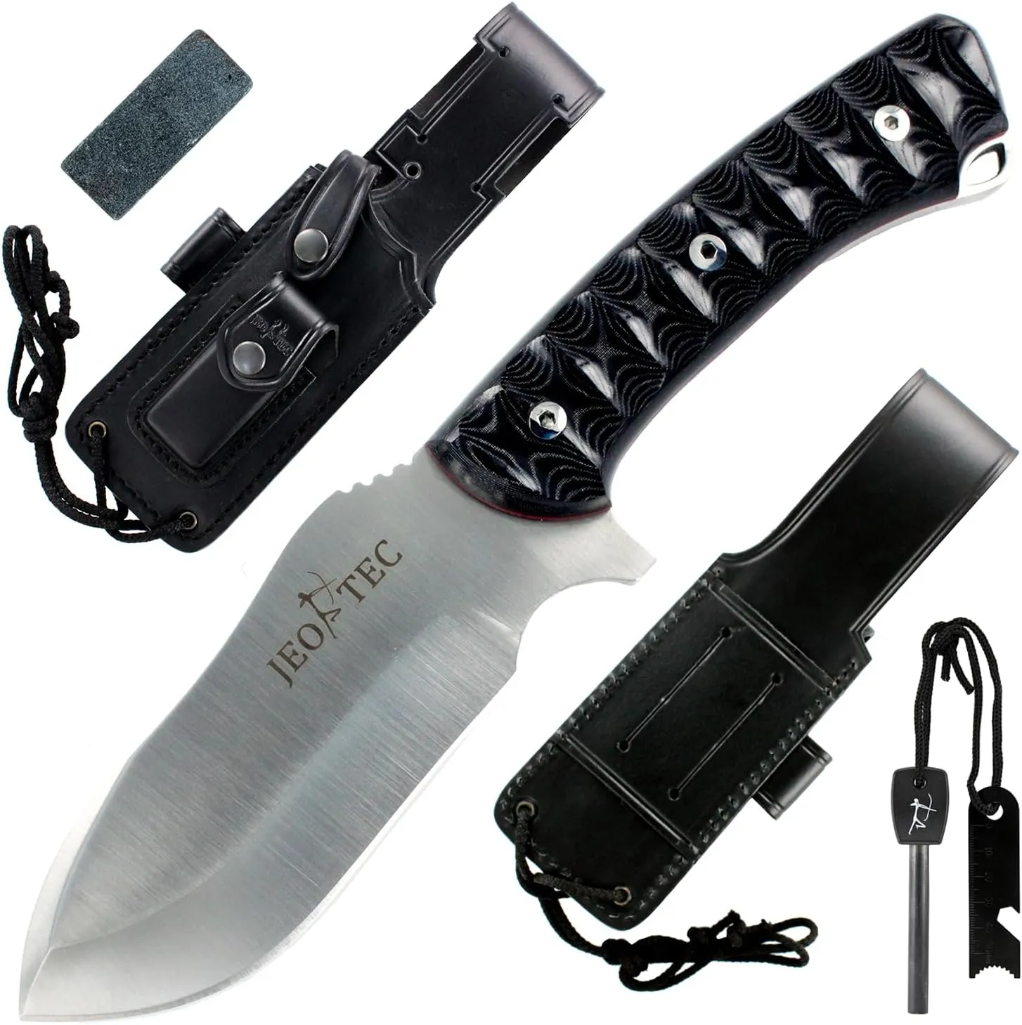 JEO-TEC Nº35 Bushcraft Survival Hunting Camping Knife, MOVA-58, 10'' Overall, Genuine Leather Multi-Position Sheath   Firesteel   Sharpener Stone, Handmade