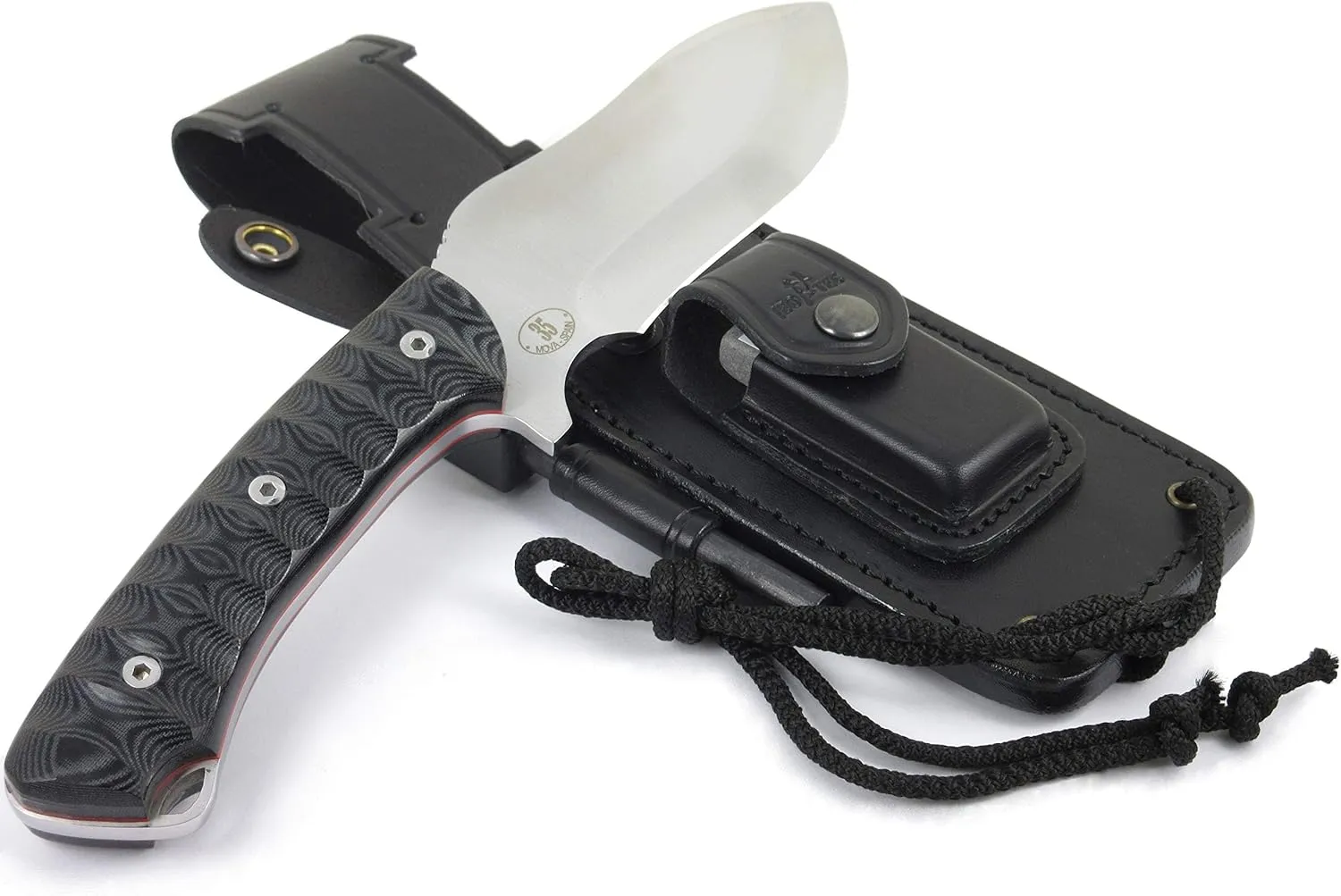 JEO-TEC Nº35 Bushcraft Survival Hunting Camping Knife, MOVA-58, 10'' Overall, Genuine Leather Multi-Position Sheath   Firesteel   Sharpener Stone, Handmade