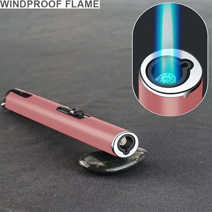 Jet Torch Lighter, Refillable Butane Lighter with Visible Window, Windproof Candle Lighter for BBQ, Camping, Stove, Kitchen Cooker, Hobs, Men Gifts (Gas Not Included) (Pink)