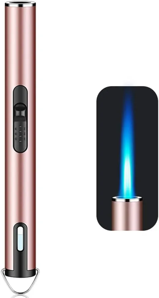 Jet Torch Lighter, Refillable Butane Lighter with Visible Window, Windproof Candle Lighter for BBQ, Camping, Stove, Kitchen Cooker, Hobs, Men Gifts (Gas Not Included) (Pink)