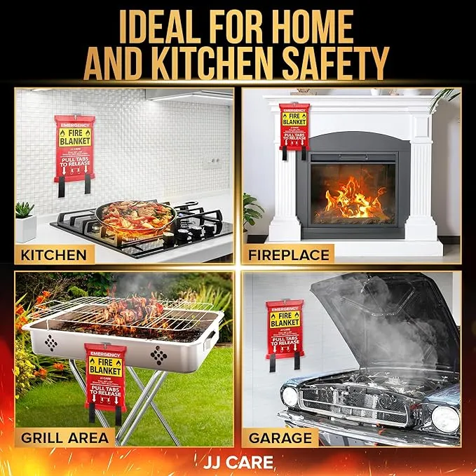 JJ CARE Fire Blanket – 6 Packs with Hooks and Gloves – Emergency Fire Blanket for Home & Kitchen, High Heat Resistant Fire Suppression Blankets for Home Safety, Kitchen, and Camping