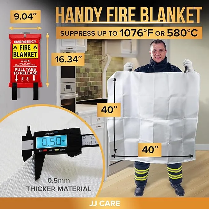 JJ CARE Fire Blanket – 6 Packs with Hooks and Gloves – Emergency Fire Blanket for Home & Kitchen, High Heat Resistant Fire Suppression Blankets for Home Safety, Kitchen, and Camping