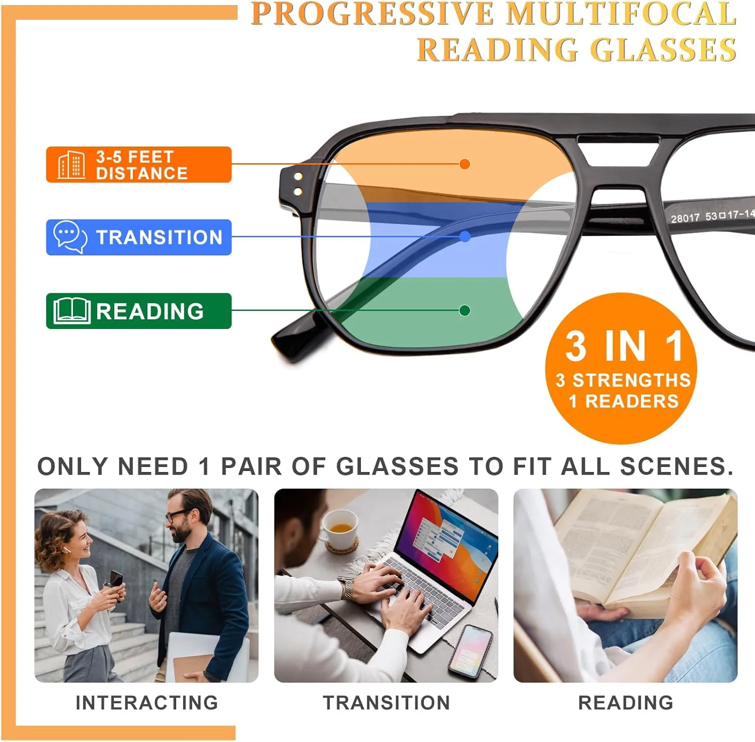 JO Progressive Multifocus Reading Glasses Men Women Oversize XL - No Line Progressive Reader Half-Rim for Mid-Near