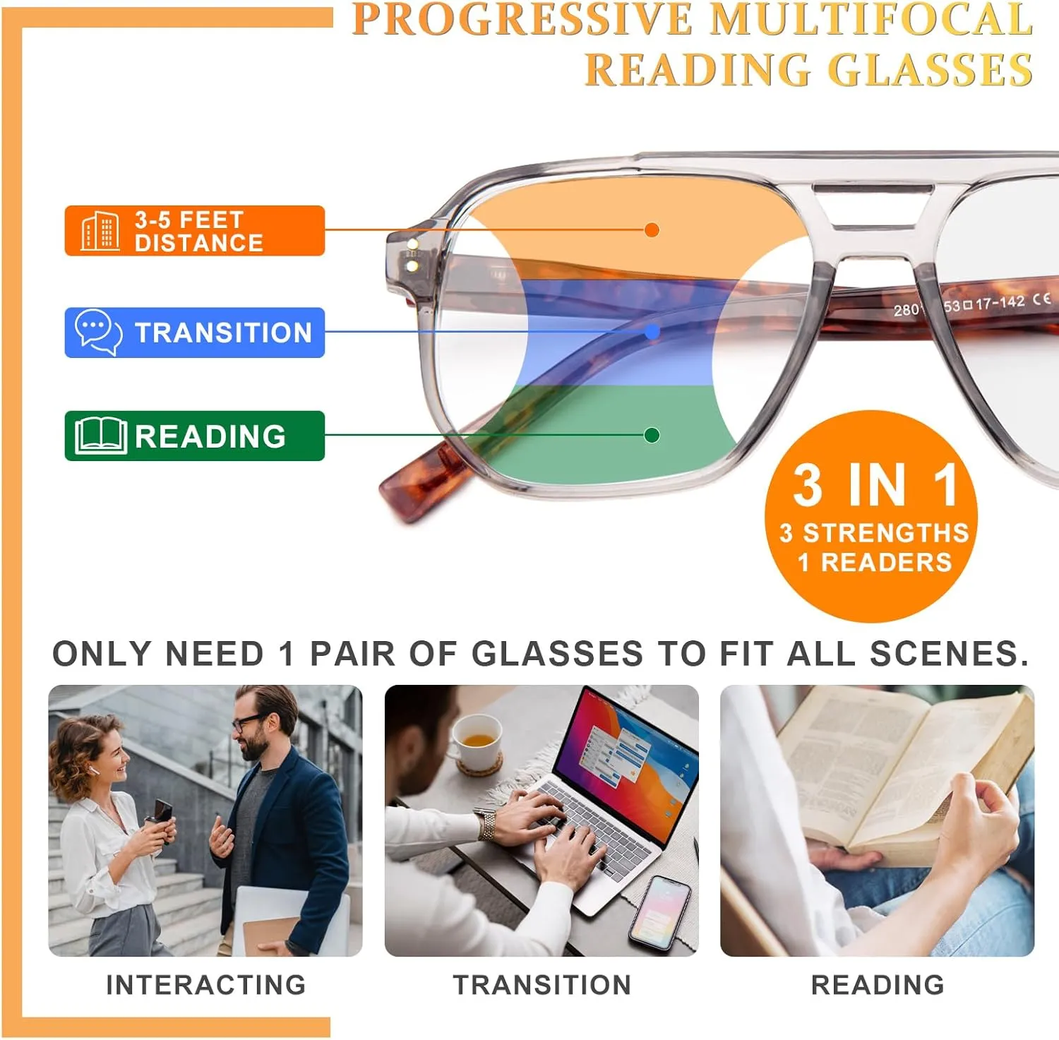 JO Progressive Multifocus Reading Glasses Men Women Oversize XL - No Line Progressive Reader Half-Rim for Mid-Near