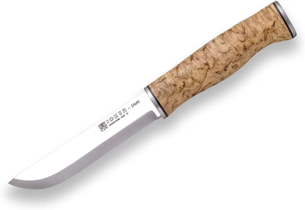 Joker Hunting and Mount Knife Sami CL128, Brown Leather Sheath, Handle Curly Birch Wood, Blade 4.84 inches Sandvik 14C28N, Tool for Fishing, Hunting, Camping and Hiking