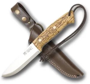 Joker Ranger Hunting Knife CL143, Curly Birch Handle, 11 cm Blade, Brown Leather Sheath – Tool for Fishing, Hunting, Camping and Hiking