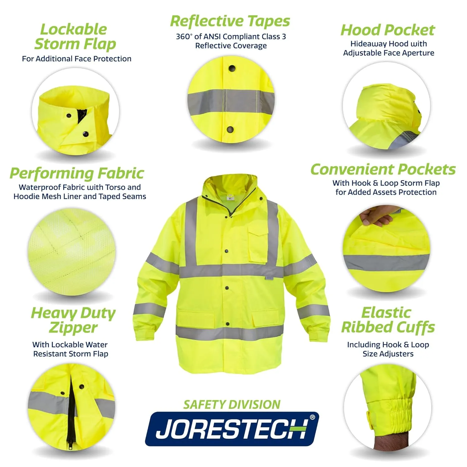 JORESTECH Safety Rain Jacket Waterproof Reflective High Visibility with Interior Mesh Yellow/Lime ANSI Class 3 Level 2 Type R JK-03 (XL)