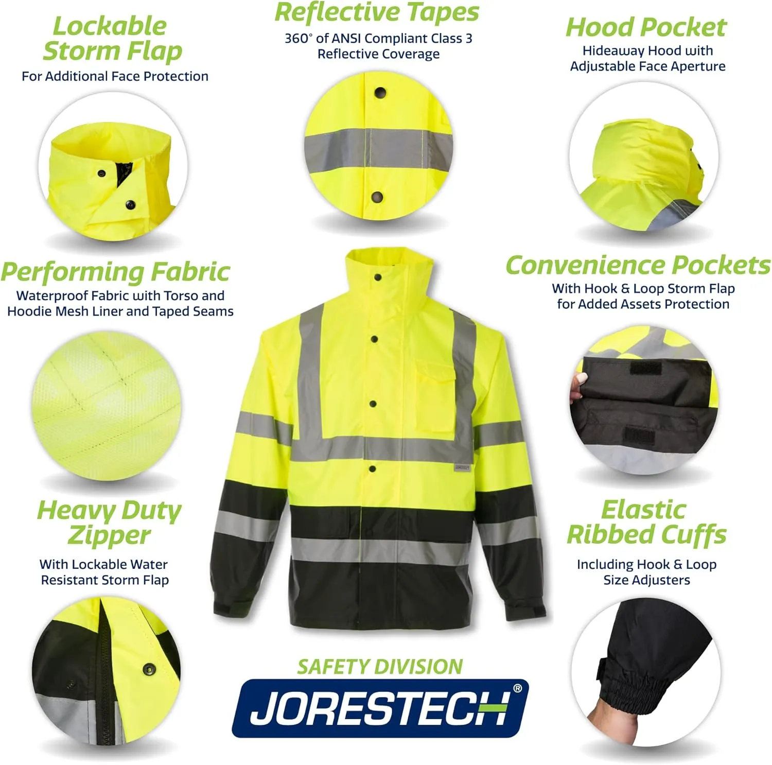 JORESTECH Safety Rain Set/Jacket Reflective High Visibility Yellow Black JK-03 / Pants Lime ANSI 150D Heavy Duty PANTS-03