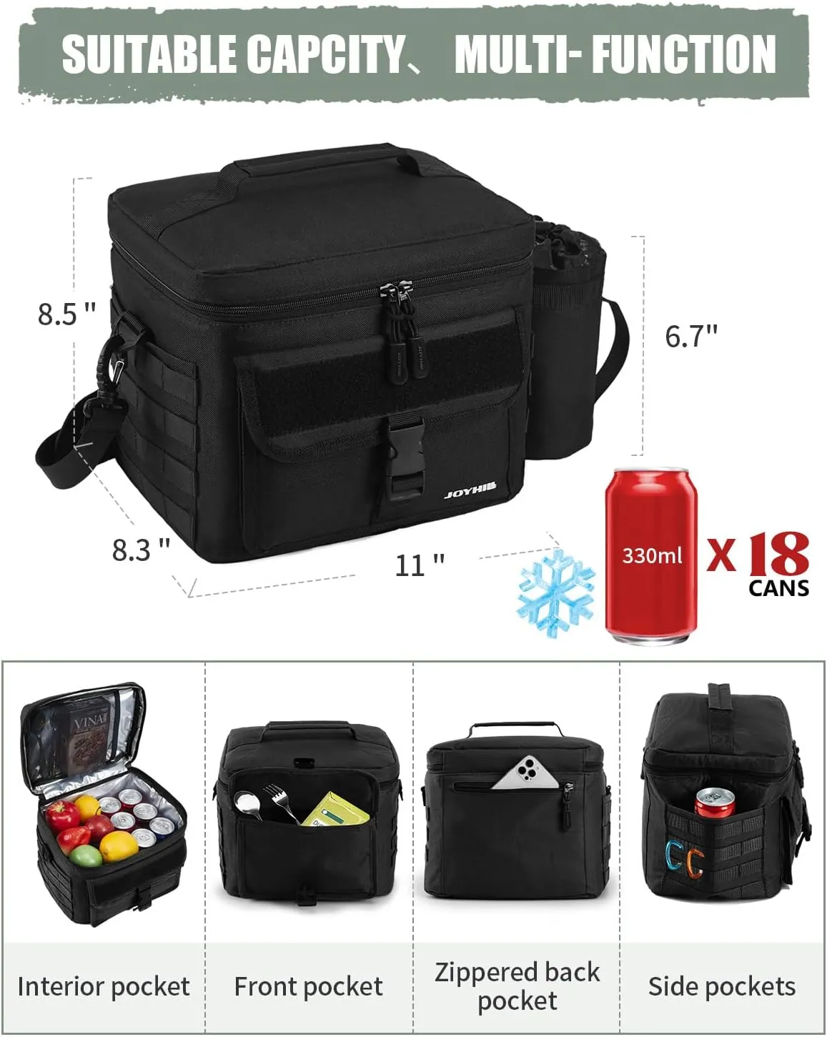 JOYHILL Tactical Lunch Box for Men, Insulated Lunch Bag with Detachable Bottle Pouch Holder, Large Durable Thermal Cooler Bag for Adult, Leakproof Bag for Work, Camping, Picnic, Black,13 L/18 Can