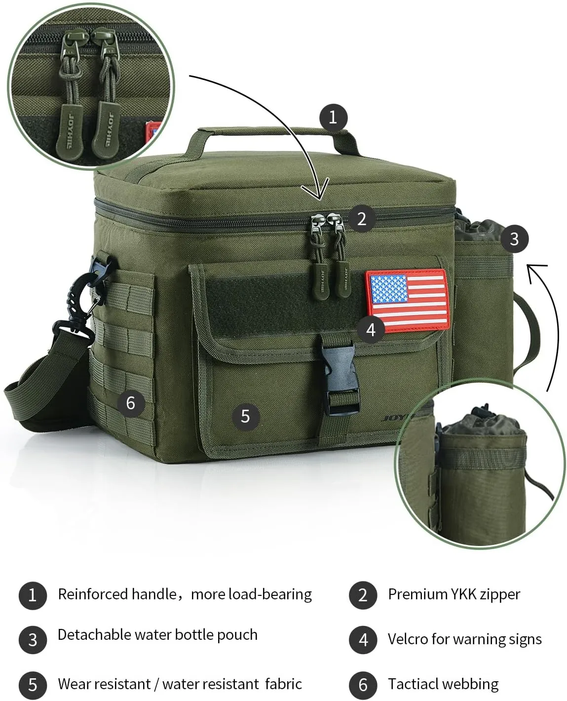 JOYHILL Tactical Lunch Box for Men, Insulated Lunch Bag with Detachable Bottle Pouch Holder, Large Durable Thermal Cooler Bag for Adult, Leakproof Bag for Work, Camping, Picnic, Black,13 L/18 Can