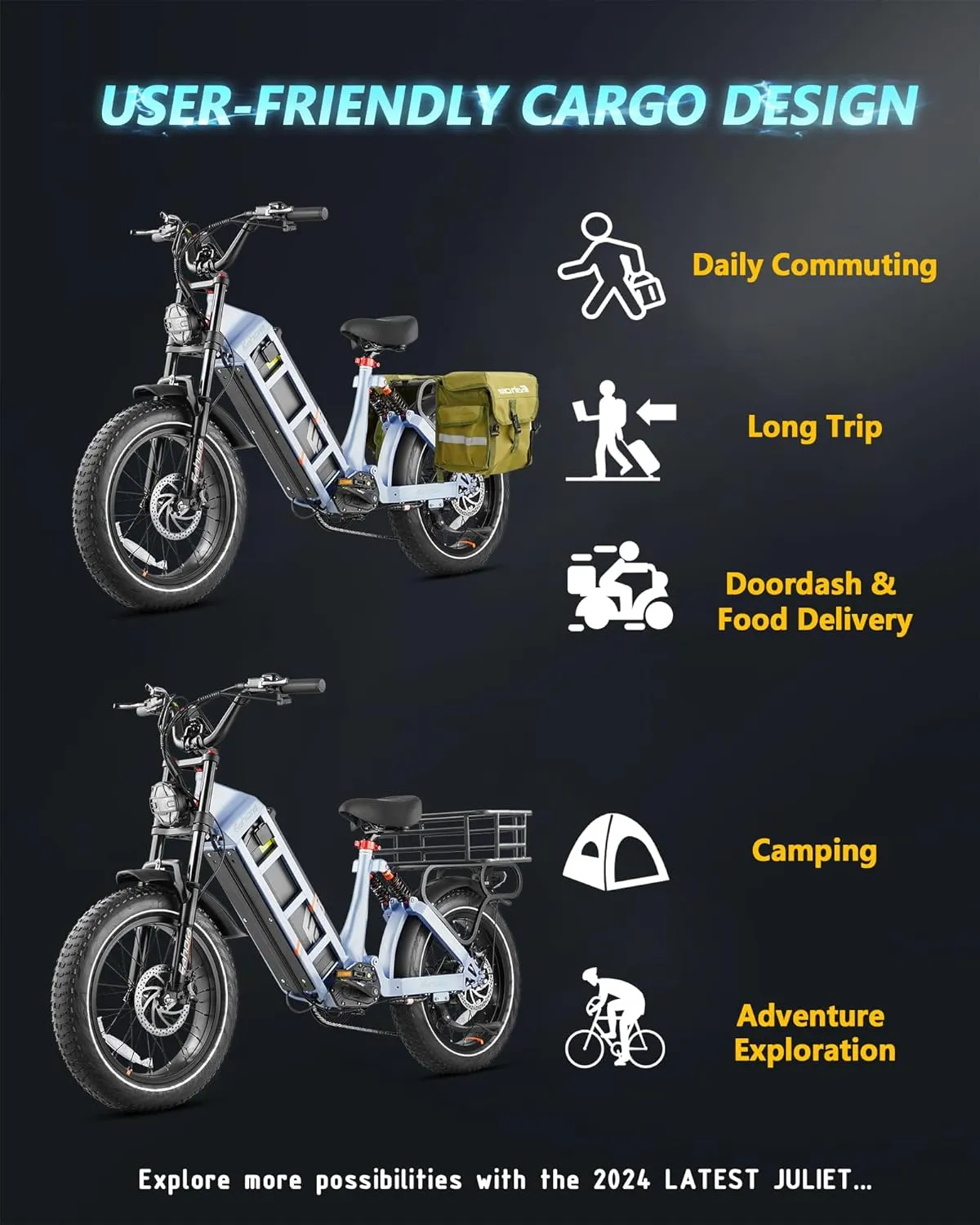 Juliet Pro 2/Juliet 2/Juliet Electric Bike for Adults 43Mph Peak 4400W/1700W/1200W Dual Motor Ebike 60V/52V 70Ah/60Ah 200 Miles Long Range, Fat Tire Full Suspension Mountain Bike, Commuting