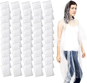 Juvale Disposable Rain Poncho 50 Pack for Adults with Hood - Bulk Emergency Plastic Rain Ponchos - One Size - Individually Wrapped