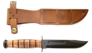 KA-BAR USMC Short Knife 5-1/4" Plain Blade, Leather Handles, Leather Sheath KA1250