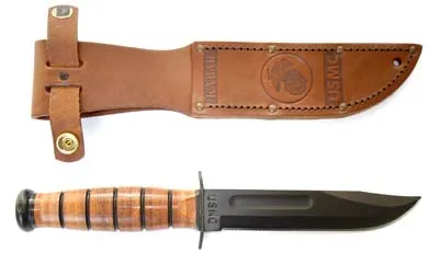 KA-BAR USMC Short Knife 5-1/4" Plain Blade, Leather Handles, Leather Sheath KA1250